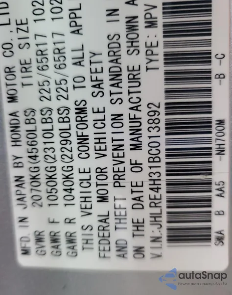 2011 Honda Cr-V Lx from USA, damaged, VIN 013892